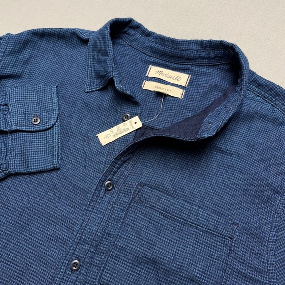 Madewell Perfect Fit Blue Houndstooth Long Sleeve Button Up Shirt Mens L
